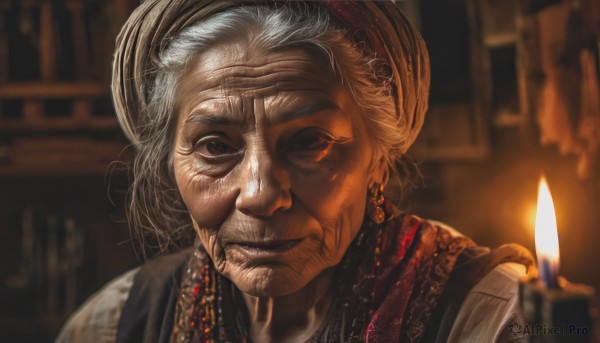 1girl,solo,looking at viewer,holding,jewelry,closed mouth,upper body,white hair,grey hair,earrings,indoors,scarf,mole,blurry,black eyes,depth of field,blurry background,fire,portrait,realistic,candle,old,old man,old woman,wrinkled skin,candlelight,smile,red eyes,hat,brown eyes,nail polish,mole under eye,facial hair