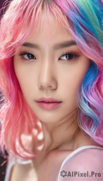 1girl,solo,long hair,bangs,brown eyes,closed mouth,blue hair,collarbone,upper body,pink hair,multicolored hair,blurry,black eyes,two-tone hair,lips,looking to the side,eyelashes,makeup,depth of field,watermark,looking away,portrait,web address,close-up,realistic,nose,rainbow hair,looking at viewer,blue eyes,artist name,streaked hair,wavy hair