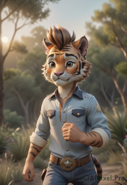 solo,looking at viewer,brown hair,shirt,1boy,animal ears,brown eyes,closed mouth,standing,tail,male focus,cowboy shot,outdoors,teeth,day,collared shirt,belt,pants,artist name,signature,blurry,tree,depth of field,blurry background,watermark,sunlight,grass,blue shirt,denim,clenched hand,nature,furry,sleeves rolled up,forest,backlighting,walking,pocket,jeans,blue pants,brown belt,bush,breast pocket,furry male,tiger ears,male child,body fur,tiger tail,animal nose,whiskers,tiger,tiger boy,tiger stripes,short hair,hand up,torn clothes,buttons,fangs,web address,buckle,arm at side,pouch,belt buckle,unbuttoned,partially unbuttoned,sleeves pushed up,brown fur,striped tail,leather belt