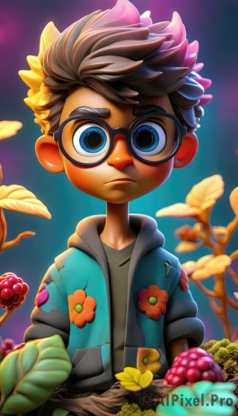 solo,looking at viewer,short hair,blue eyes,brown hair,shirt,1boy,closed mouth,jacket,upper body,flower,male focus,outdoors,food,open clothes,glasses,dark skin,hood,blurry,tree,hoodie,fruit,blurry background,frown,leaf,floral print,dark-skinned male,hood down,child,black-framed eyewear,male child,mushroom,spiked hair,goggles,pineapple