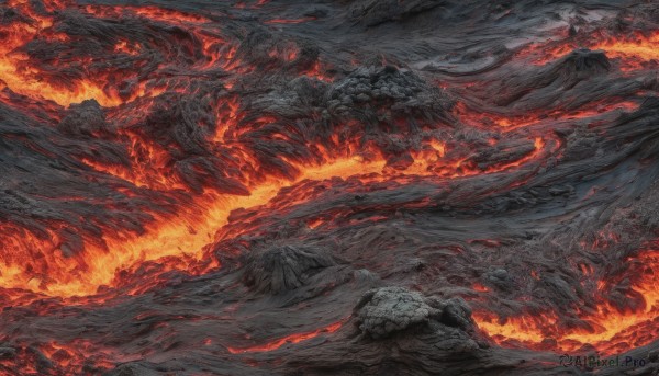 outdoors, no humans, fire, scenery, mountain, dragon, molten rock