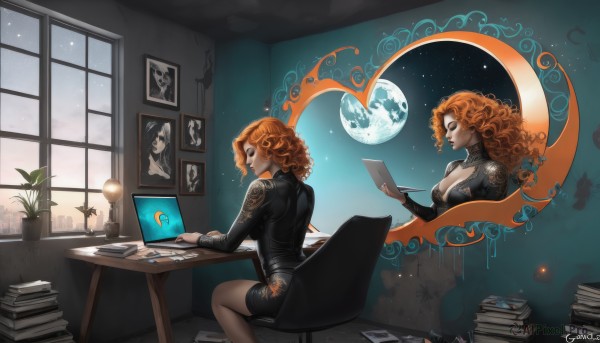 1girl,solo,long hair,breasts,skirt,large breasts,holding,cleavage,medium breasts,sitting,closed eyes,sky,artist name,cloud,indoors,signature,orange hair,black dress,book,window,tattoo,profile,makeup,night,chair,moon,table,plant,?,star (sky),night sky,full moon,desk,starry sky,pencil skirt,reflection,curly hair,paper,clock,pen,potted plant,lamp,computer,photo (object),crescent moon,monitor,planet,laptop,book stack,picture frame,drawing,picture (object),office,smile,short hair,dress,ass,heart,lips,watermark,instrument,web address,open book