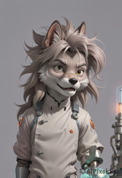 solo,long hair,looking at viewer,smile,open mouth,simple background,brown hair,1boy,animal ears,brown eyes,yellow eyes,upper body,male focus,grey background,robot,messy hair,furry,science fiction,furry male,body fur,mechanical arms,cyborg,animal nose,single mechanical arm,prosthesis,snout,long sleeves,parted lips,teeth,buttons,fangs,wolf ears,dog ears,brown fur,dog boy,wolf boy,grey fur