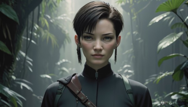 1girl,solo,looking at viewer,short hair,bangs,blue eyes,brown hair,black hair,jewelry,closed mouth,jacket,upper body,earrings,outdoors,blurry,lips,grey eyes,bodysuit,leaf,sunlight,plant,portrait,nature,forest,zipper,freckles,realistic,strap,asymmetrical hair,nose,asymmetrical bangs