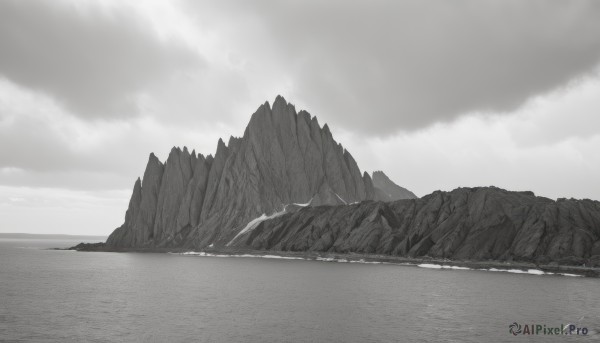 monochrome,comic,greyscale,outdoors,sky,day,cloud,signature,water,no humans,ocean,beach,cloudy sky,scenery,rock,mountain,horizon,landscape,shore,cliff,island