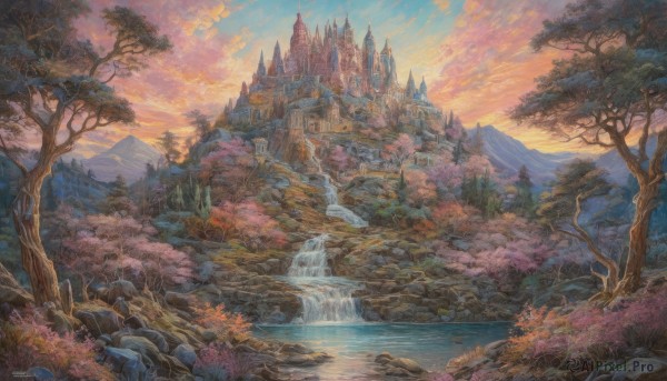 A waterfall captured beautifully in a dynamic sunset day
