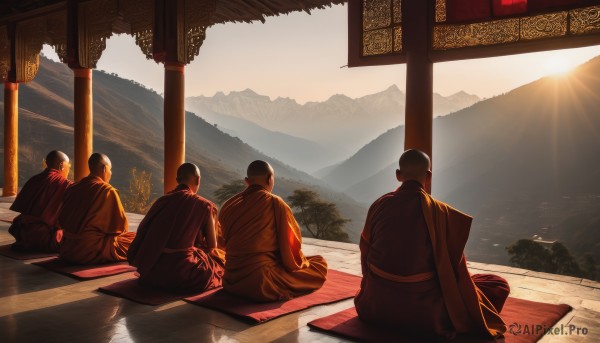 sitting,male focus,outdoors,japanese clothes,multiple boys,sky,kimono,from behind,tree,sunlight,scenery,6+boys,4boys,sunset,mountain,sun,facing away,5boys,indian style,architecture,east asian architecture,pillar,mountainous horizon,robe,bald,lake,sunrise,mount fuji