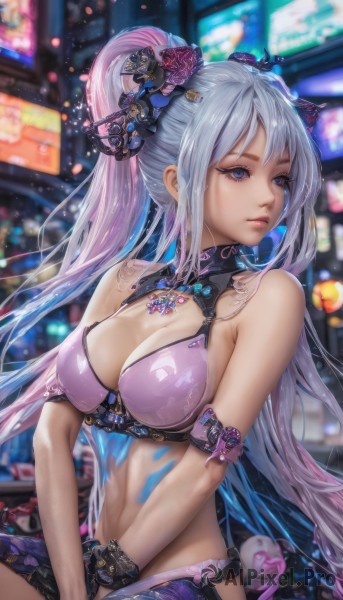 1girl,solo,long hair,breasts,bangs,blue eyes,skirt,large breasts,hair ornament,navel,cleavage,bare shoulders,twintails,jewelry,medium breasts,sitting,very long hair,blue hair,swimsuit,ponytail,pink hair,purple hair,flower,bikini,multicolored hair,parted lips,midriff,hair flower,blurry,bracelet,two-tone hair,lips,looking to the side,clothing cutout,eyelashes,gradient hair,blurry background,looking away,bikini top only,armlet,closed mouth,grey hair,sidelocks,outdoors,belt,artist name,stomach,night,depth of field,watermark,scrunchie,between legs,v arms,hand between legs,pink lips,realistic,nose,arm strap,bokeh