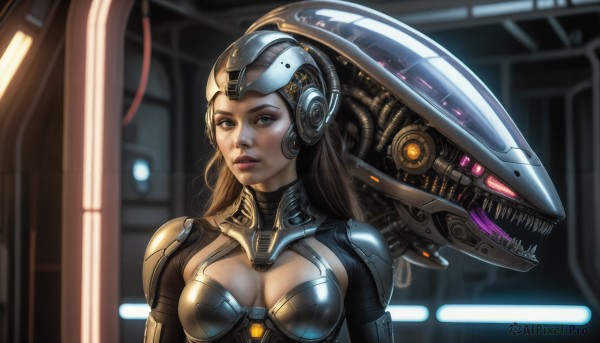 HQ,1girl,solo,long hair,breasts,looking at viewer,blue eyes,brown hair,cleavage,brown eyes,medium breasts,upper body,parted lips,teeth,armor,blurry,lips,clothing cutout,bodysuit,headgear,cleavage cutout,helmet,robot,science fiction,realistic,nose,cyborg,alien,power armor,blonde hair,breasts apart