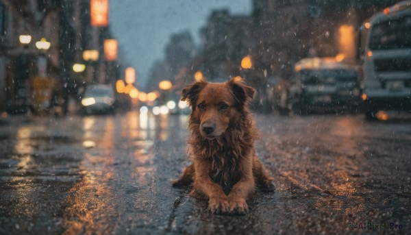 A dog set against the backdrop of a captivating rainy outdoors
