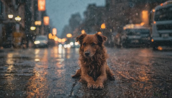 looking at viewer, outdoors, blurry, no humans, night, blurry background, animal, ground vehicle, building, motor vehicle, rain, dog, car, animal focus, paper lantern