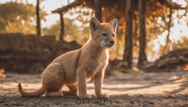 solo,closed mouth,full body,outdoors,day,blurry,black eyes,tree,no humans,depth of field,blurry background,animal,cat,dog,realistic,animal focus,autumn,signature,photo background