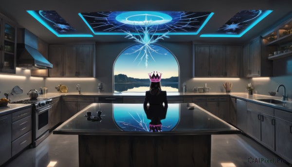 solo,standing,sky,indoors,water,cup,no humans,window,table,crown,plant,scenery,reflection,mirror,tiles,glass,tile wall,kitchen,sink,cabinet,1girl,long hair,pink hair,hood,from behind,bowl,facing away,wide shot,sunrise,faucet,stove,cutting board,weighing scale,soap bottle