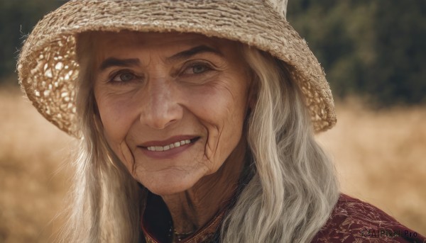 1girl,solo,long hair,looking at viewer,smile,blue eyes,hat,green eyes,white hair,grey hair,parted lips,teeth,grin,blurry,makeup,depth of field,blurry background,portrait,freckles,realistic,straw hat,old,old woman,1boy,male focus,signature,facial hair