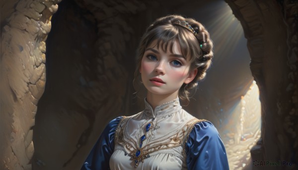 1girl,solo,looking at viewer,blush,short hair,blue eyes,brown hair,dress,jewelry,upper body,braid,parted lips,puffy sleeves,necklace,hair bun,lips,blue dress,sunlight,tiara,looking up,gem,portrait,light rays,realistic,red lips,gold,princess,cave,bangs,teeth,white dress,eyelashes,makeup