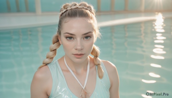 1girl,solo,long hair,breasts,looking at viewer,blue eyes,blonde hair,brown hair,bare shoulders,closed mouth,collarbone,swimsuit,upper body,braid,water,blurry,twin braids,lips,wet,one-piece swimsuit,grey eyes,blurry background,sunlight,forehead,freckles,realistic,nose,pool,poolside,smile,bikini