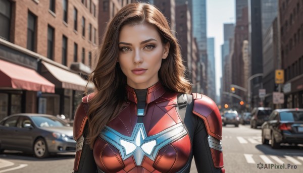 1girl,solo,long hair,breasts,looking at viewer,smile,brown hair,brown eyes,medium breasts,upper body,outdoors,day,blurry,lips,bodysuit,depth of field,blurry background,ground vehicle,building,motor vehicle,science fiction,city,realistic,car,road,animification,superhero,street,red bodysuit