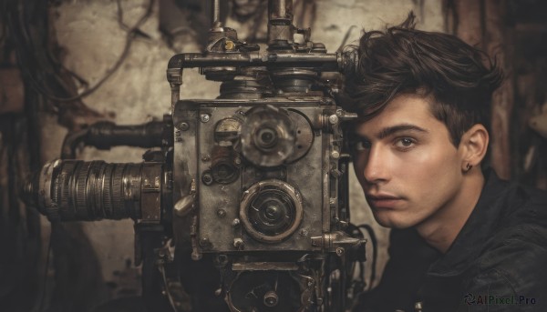 solo,looking at viewer,short hair,blue eyes,brown hair,black hair,1boy,jewelry,jacket,upper body,male focus,earrings,solo focus,blurry,lips,depth of field,robot,portrait,science fiction,realistic,nose,camera,stud earrings,cable,leather,leather jacket,cyberpunk,steampunk,pompadour