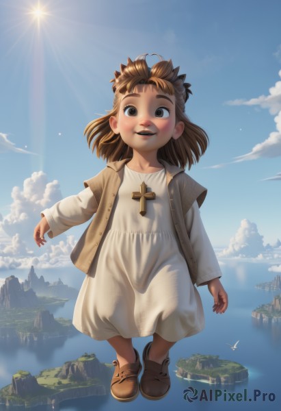 1girl,solo,looking at viewer,smile,short hair,open mouth,brown hair,long sleeves,dress,brown eyes,jewelry,standing,full body,outdoors,sky,shoes,teeth,day,cloud,water,necklace,white dress,blue sky,bird,brown footwear,sunlight,cross,child,mountain,sun,female child,male child,blush,jacket,loli,scenery,realistic,cross necklace