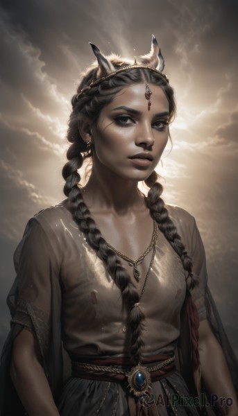 1girl,solo,long hair,breasts,looking at viewer,black hair,dress,jewelry,upper body,braid,short sleeves,earrings,small breasts,parted lips,horns,sky,cloud,dark skin,necklace,black eyes,twin braids,dark-skinned female,lips,see-through,grey eyes,sash,scar,cloudy sky,tiara,gem,freckles,realistic,nose,artist name,facial mark,forehead jewel