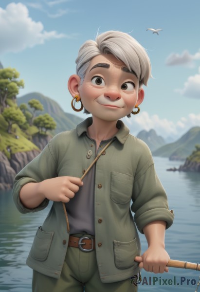 1girl,solo,looking at viewer,smile,short hair,shirt,1boy,holding,brown eyes,jewelry,closed mouth,standing,jacket,grey hair,cowboy shot,earrings,outdoors,open clothes,sky,day,belt,pants,cloud,water,blurry,tree,blue sky,black shirt,blurry background,bird,animal,thick eyebrows,child,grey shirt,buckle,freckles,pocket,hoop earrings,belt buckle,green jacket,brown belt,breast pocket,old,river,green pants,lake,fishing rod,seagull,fishing,white hair,male focus,artist name,mountain,male child