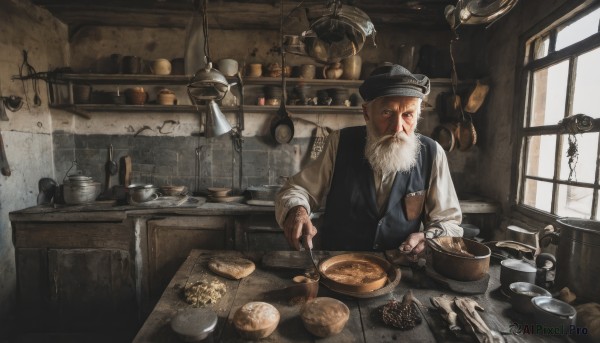 solo,looking at viewer,shirt,long sleeves,1boy,hat,holding,white shirt,weapon,white hair,male focus,food,day,indoors,vest,window,black headwear,facial hair,scar,table,bottle,knife,beard,plate,bowl,spoon,mustache,fork,bread,old,coin,old man,cooking,kitchen,jar,frying pan,counter,stove,cutting board,tongs,hook,brown eyes,upper body,sunlight,realistic,ladle,wrinkled skin