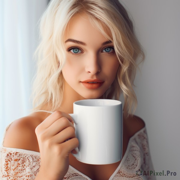 1girl,solo,long hair,breasts,looking at viewer,smile,blue eyes,blonde hair,holding,cleavage,bare shoulders,medium breasts,upper body,parted lips,off shoulder,cup,lips,eyelashes,portrait,holding cup,mug,realistic,nose,coffee mug,shirt,teeth,artist name,makeup,wavy hair,coffee