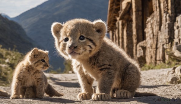 closed mouth,full body,outdoors,day,blurry,black eyes,no humans,depth of field,blurry background,animal,cat,mountain,realistic,animal focus,whiskers,tiger,sitting,sky,signature,tree,blue sky