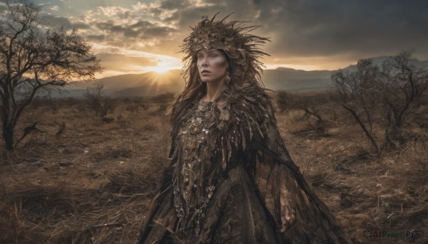 1girl,solo,long hair,blue eyes,brown hair,dress,jewelry,standing,outdoors,sky,cloud,signature,cape,armor,tree,lips,sunlight,cloudy sky,crown,nature,scenery,cloak,sunset,mountain,realistic,sun,sunrise,closed mouth,upper body