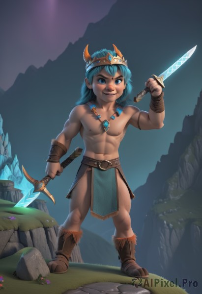 solo,looking at viewer,smile,blue eyes,1boy,navel,holding,jewelry,nipples,blue hair,standing,full body,weapon,flower,male focus,boots,outdoors,horns,sword,necklace,holding weapon,muscular,holding sword,abs,grass,pectorals,muscular male,pelvic curtain,dual wielding,toned,topless male,crystal,rock,fake horns,loincloth,open mouth,teeth,belt,artist name,glowing,brown footwear,thick eyebrows,crown,knife,realistic,fantasy,dagger,male child