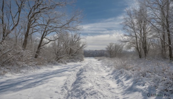 outdoors,sky,day,cloud,tree,blue sky,no humans,cloudy sky,grass,building,nature,scenery,snow,forest,mountain,winter,bare tree,landscape,monochrome,water,ice