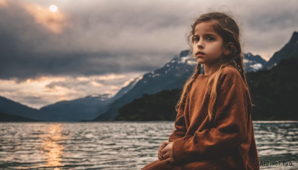 1girl,solo,long hair,blonde hair,brown hair,long sleeves,brown eyes,sitting,braid,outdoors,sky,cloud,dark skin,water,sweater,dark-skinned female,lips,ocean,cloudy sky,reflection,mountain,realistic,looking afar,lake,blue eyes,blurry,child,scenery,sun,fine art parody