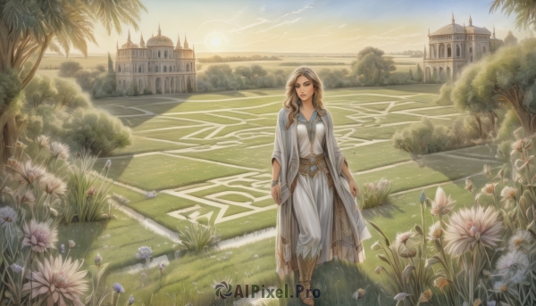 1girl,solo,long hair,looking at viewer,smile,blonde hair,brown hair,dress,brown eyes,jewelry,standing,flower,outdoors,sky,day,cloud,white dress,bracelet,tree,sandals,sunlight,grass,white flower,building,scenery,walking,robe,mountain,fantasy,arms at sides,sun,road,field,house,castle,path,boots,belt,necklace