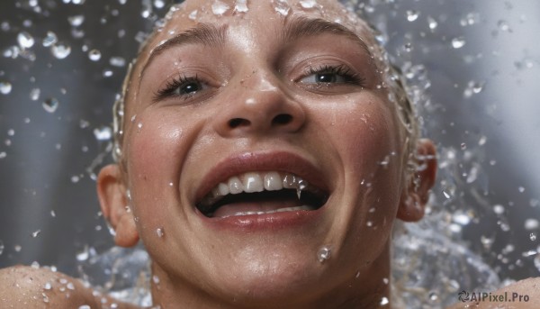 1girl,solo,looking at viewer,smile,open mouth,blonde hair,1boy,male focus,teeth,water,blurry,black eyes,lips,wet,blurry background,upper teeth only,portrait,freckles,realistic,nose,grey background,close-up,water drop