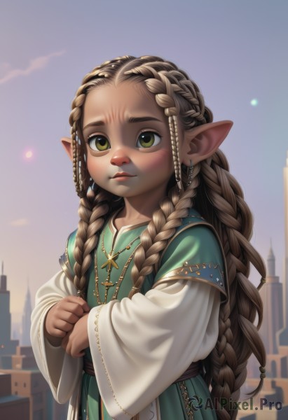 1girl,solo,long hair,looking at viewer,brown hair,hair ornament,long sleeves,dress,jewelry,very long hair,closed mouth,green eyes,upper body,braid,earrings,outdoors,sky,pointy ears,wide sleeves,necklace,twin braids,lips,own hands together,building,child,forehead,freckles,green dress,robe,city,nose,female child,layered sleeves,short over long sleeves,multiple braids,blush,blonde hair,brown eyes,artist name,flat chest,thick eyebrows,cross,elf,realistic,crown braid