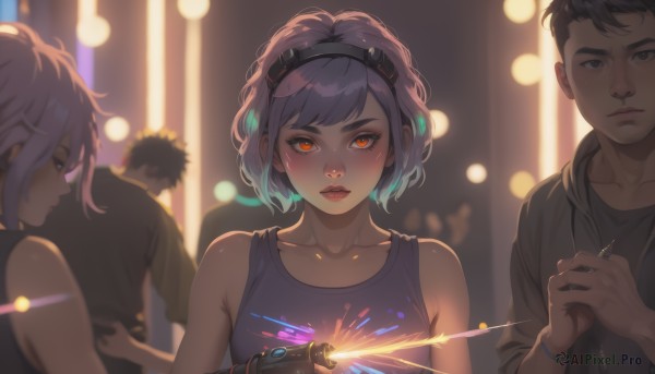 1girl,breasts,looking at viewer,blush,short hair,open mouth,bangs,multiple girls,brown hair,shirt,black hair,red eyes,holding,2girls,bare shoulders,brown eyes,jewelry,closed mouth,blue hair,collarbone,jacket,upper body,purple hair,grey hair,multicolored hair,hairband,parted lips,multiple boys,teeth,sleeveless,solo focus,hood,2boys,blurry,bracelet,lips,orange eyes,night,depth of field,blurry background,tank top,goggles,goggles on head,controller,fireworks,sparkler,1boy,open clothes,black jacket,black shirt,hoodie,makeup,hood down,black hairband,wristband,nose,red lips,mechanical arms,single mechanical arm,prosthesis,prosthetic arm,cyberpunk