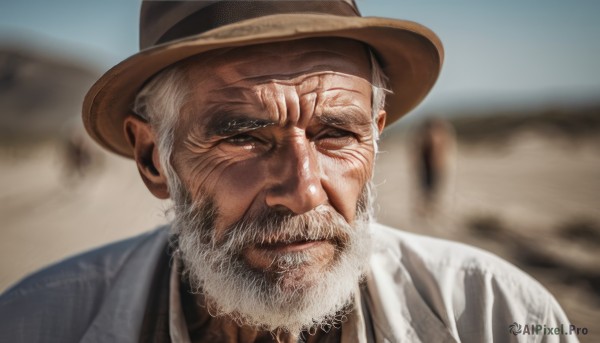 solo,looking at viewer,shirt,1boy,hat,closed mouth,white shirt,upper body,white hair,grey hair,male focus,outdoors,one eye closed,day,blurry,blurry background,facial hair,portrait,beard,mature male,realistic,mustache,brown headwear,manly,old,old man,cowboy hat,desert,wrinkled skin,jacket,sky,lips,grey eyes,depth of field,scar,parody,scar on face,close-up,scar across eye