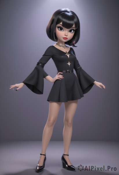 1girl,solo,breasts,looking at viewer,smile,short hair,bangs,black hair,long sleeves,dress,jewelry,closed mouth,standing,collarbone,full body,pantyhose,earrings,small breasts,shoes,shiny,belt,wide sleeves,medium hair,grey background,necklace,nail polish,black footwear,black eyes,black dress,high heels,lips,fingernails,hand on hip,grey eyes,eyelashes,makeup,shadow,short dress,bob cut,lipstick,black belt,red lips,black nails,eyeshadow