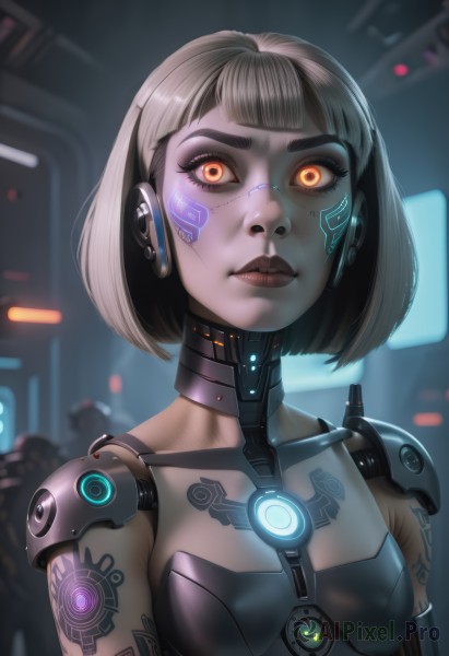 1girl,solo,breasts,looking at viewer,short hair,bangs,jewelry,closed mouth,yellow eyes,upper body,grey hair,earrings,small breasts,solo focus,blunt bangs,blurry,lips,orange eyes,tattoo,makeup,blurry background,glowing,facial mark,bob cut,science fiction,nose,android,arm tattoo,cyborg,robot joints,neon trim,cyberpunk,brown hair,black hair,choker,armor,eyelashes,robot,lipstick,glowing eyes,eyeshadow,backlighting,eyeliner,joints,facepaint,facial tattoo,barcode,mascara,mechanical parts