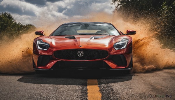 outdoors,sky,cloud,tree,no humans,shadow,ground vehicle,motor vehicle,smoke,realistic,car,road,vehicle focus,dust,sports car,solo,wheel