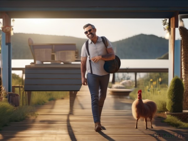 solo,short hair,shirt,1boy,white shirt,short sleeves,male focus,outdoors,shoes,day,collared shirt,pants,bag,blurry,tree,blurry background,shadow,facial hair,bird,animal,brown footwear,sunglasses,backpack,denim,beard,walking,jeans,realistic,mustache,bench,arm hair,reference inset,smile,black hair,grey hair,glasses,grin,depth of field,suspenders,grass,instrument,old,old man,chicken