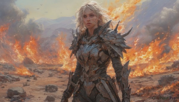 1girl,solo,long hair,bangs,blue eyes,blonde hair,holding,closed mouth,standing,weapon,white hair,cowboy shot,outdoors,sky,day,sword,medium hair,armor,lips,looking to the side,grey eyes,bird,scar,looking away,fire,shoulder armor,gauntlets,scar on face,smoke,pauldrons,breastplate,rock,mountain,scar across eye,red lips,burning,molten rock,plate armor,looking at viewer,green eyes,parted lips,cloud,holding weapon,serious,vambraces