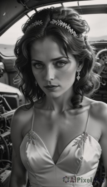 1girl,solo,long hair,breasts,looking at viewer,hair ornament,dress,cleavage,bare shoulders,jewelry,medium breasts,closed mouth,collarbone,monochrome,upper body,greyscale,earrings,artist name,hair flower,medium hair,mole,covered nipples,lips,eyelashes,watermark,tiara,ground vehicle,breasts apart,motor vehicle,freckles,curly hair,mole on breast,realistic,nose,spaghetti strap,car