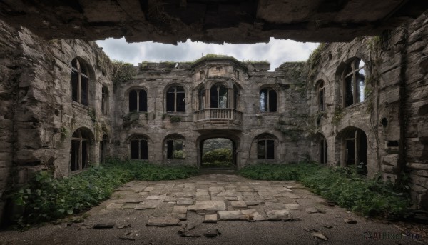 outdoors,sky,day,cloud,tree,no humans,window,cloudy sky,grass,plant,building,scenery,door,ruins,arch,moss,overgrown,broken window,rock,road,bush,wall,architecture,pillar,path,stone