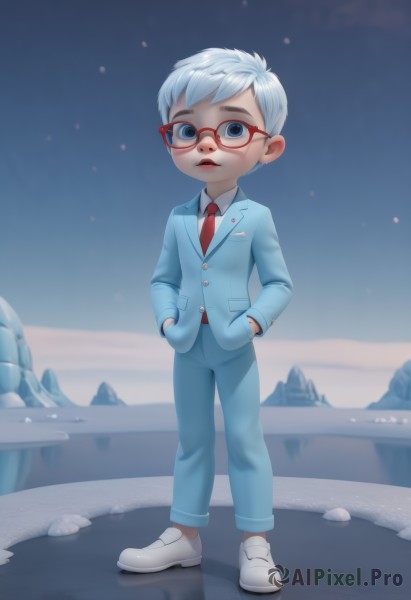 solo,looking at viewer,short hair,blue eyes,shirt,1boy,standing,jacket,full body,white shirt,white hair,male focus,outdoors,parted lips,necktie,sky,shoes,glasses,collared shirt,pants,makeup,formal,white footwear,suit,lipstick,red necktie,child,personification,red-framed eyewear,hands in pockets,blue pants,red lips,1girl,open mouth,snow,mountain