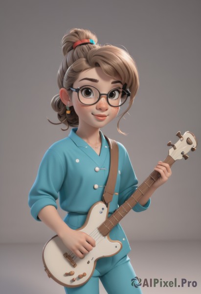 1girl,solo,looking at viewer,blush,smile,bangs,simple background,brown hair,shirt,holding,brown eyes,jewelry,closed mouth,standing,ponytail,cowboy shot,earrings,glasses,pants,grey background,hair bun,lips,buttons,single hair bun,blue shirt,instrument,child,freckles,black-framed eyewear,pajamas,round eyewear,music,blue pants,guitar,female child,playing instrument,holding instrument,short hair,electric guitar