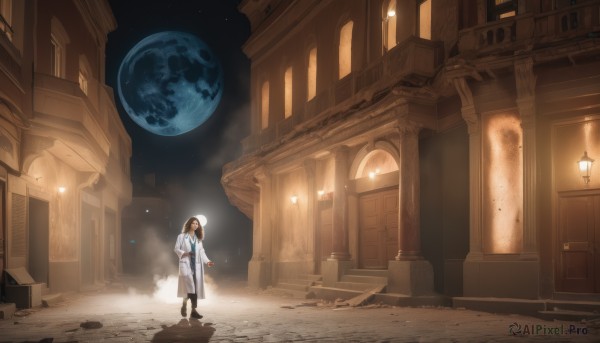 1girl,solo,long hair,short hair,brown hair,shirt,long sleeves,holding,standing,boots,sky,bag,black footwear,coat,window,night,shadow,halo,moon,building,star (sky),scenery,walking,door,wide shot,planet,pillar,suitcase,arch,black hair,1boy,male focus,outdoors,starry sky,hand in pocket,labcoat,white coat