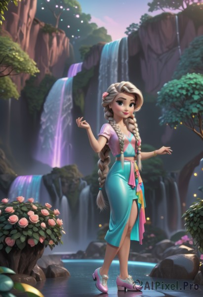 1girl,solo,long hair,breasts,looking at viewer,smile,blue eyes,blonde hair,brown hair,hair ornament,dress,cleavage,jewelry,very long hair,standing,full body,braid,flower,short sleeves,earrings,small breasts,outdoors,sky,shoes,artist name,water,blurry,high heels,twin braids,bracelet,tree,lips,hands up,makeup,night,blue dress,rose,leaf,watermark,plant,lipstick,nature,hair over shoulder,web address,pink flower,side slit,eyeshadow,rock,nose,pink footwear,red lips,bangle,platform footwear,pink rose,river,waterfall,traditional clothes,skirt,shirt,vest,single braid,thick eyebrows,aged down,multicolored clothes,pink shirt,long skirt,pink lips,aqua skirt,aqua dress,pond,hydrokinesis