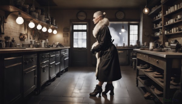 1girl,solo,short hair,gloves,long sleeves,holding,jewelry,standing,full body,white hair,earrings,boots,shoes,black gloves,indoors,hair bun,black footwear,high heels,from side,cup,coat,fur trim,window,profile,makeup,animal,chair,table,single hair bun,bottle,knife,scenery,reflection,fur collar,black coat,clock,tiles,ankle boots,lamp,wide shot,shelf,kitchen,jar,sink,drawer,counter,ceiling light,cabinet,reflective floor,smile,shadow,high heel boots,old,fur-trimmed coat,shop,old woman,kettle,stove