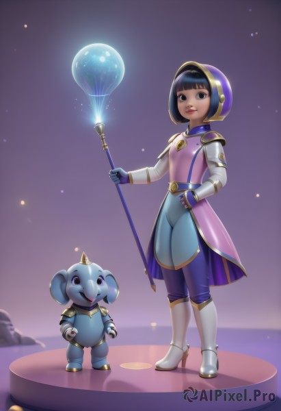 1girl,looking at viewer,smile,short hair,bangs,black hair,gloves,holding,standing,full body,boots,horns,pants,blunt bangs,armor,black eyes,high heels,lips,hand on hip,bodysuit,white footwear,bob cut,knee boots,helmet,staff,single horn,high heel boots,holding staff,blue gloves,planet,orb,space helmet,1boy,dark skin,1other,nose